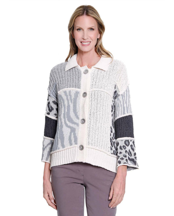 MULTIPLES M45501KW WOMEN'S BUTTON PATCH SWEATER CARDIGAN GREY MULTI