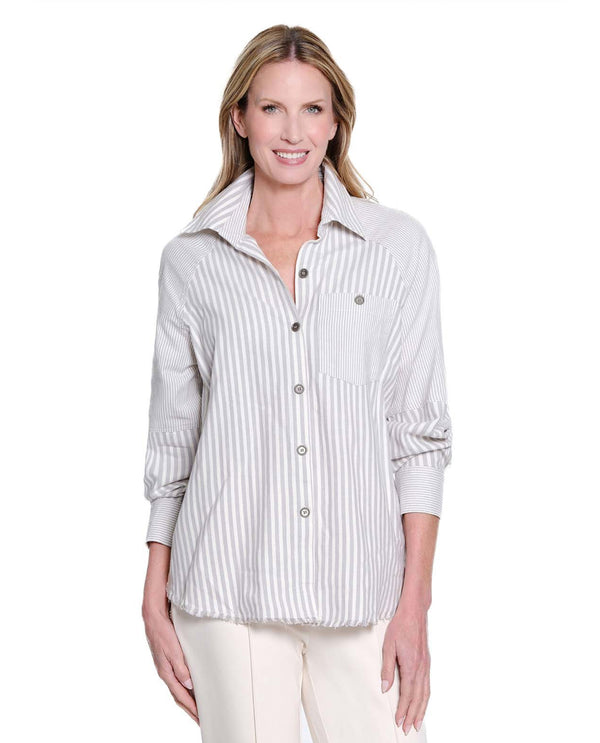 MULTIPLES M45506BW WOMEN'S CUFFED RAGLAN BUTTON SHIRT GREY