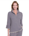 MULTIPLES M45510TW WOMEN'S ZIP THROUGH BLANKET STITCH COLLAR TOP GRANITE