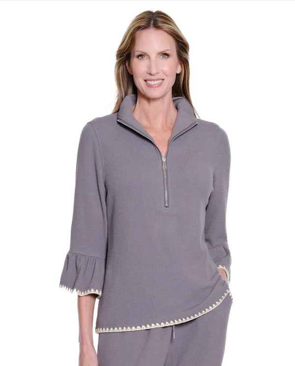 MULTIPLES M45510TW WOMEN'S ZIP THROUGH BLANKET STITCH COLLAR TOP GRANITE