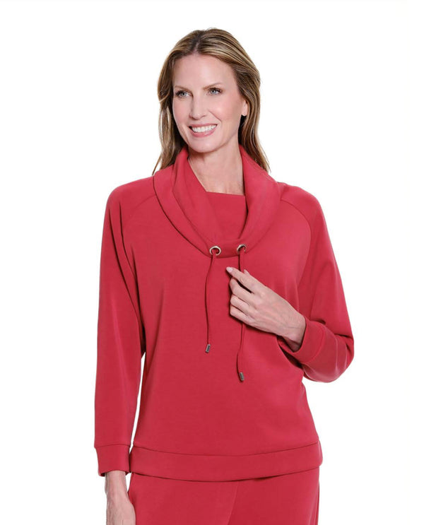 MULTIPLES M45704TM CUFF LONG SLEEVE DRAWSTRING COWL KNIT TOP CRIMSON