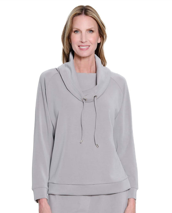 MULTIPLES M45704TP CUFF LONG SLEEVE DRAWSTRING COWL KNIT TOP GREY