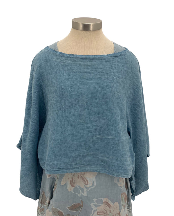 MADE IN ITALY 3762 WOVEN POPOVER TOP BLUE