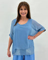 MADE IN ITALY 2161 SILK TOP WITH SEQUINS JEANS BLUE