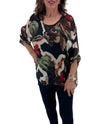 MADE IN ITALY 22383FL FLORAL PRINT SILK BLOUSE BLACK/DK GREEN