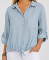MADE IN ITALY 9876 SEQUIN POCKET LINEN TIE TOP LIGHT BLUE