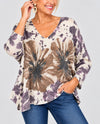 MADE IN ITALY LS0243-2 ONE SIZE ABSTRACT FLORAL LONG SLEEVE TOP PURPLE