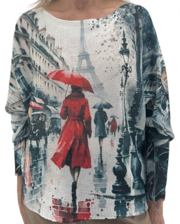 MADE IN ITALY ONE SIZE PRINTED DOLEMAN SWEATER LU35- RAINING IN PARIS