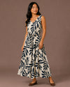 MAXI DRESS FY-3680 LEAF PRINT WITH TIE WAIST navy