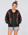 MELLO MT50989 FLORAL EMBROIDERED ZIP-UP HOODIE BLACK