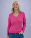 METRIC KNITS 32613 PREMIUM CABLE V NECK SWEATER FUCHSIA