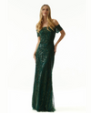 MGNY 73014 SEQUIN OFF THE SHOULDER SHEATH GOWN EMERALD