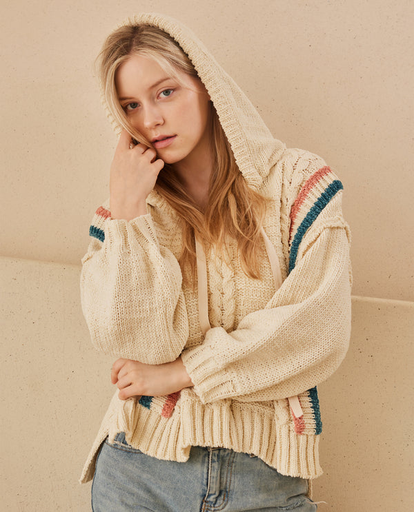 MELLO MT40326 HOODED HI LO SWEATER WITH STRIPES IVORY
