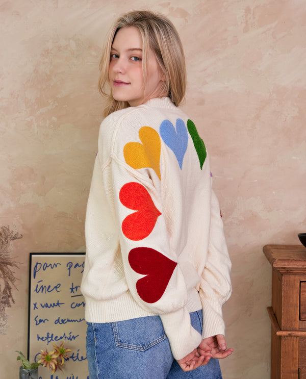 MELLO MT40435 RAINBOW HEART PATCHED SWEATER IVORY MULTI