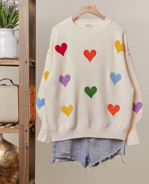MELLO MT40444 HEART ROUND NECK SWEATER CREAM