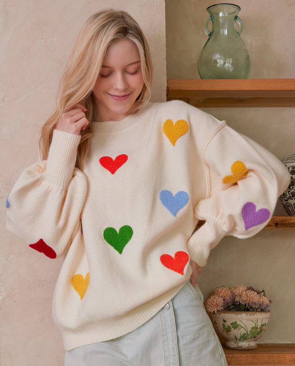 MELLO MT40444 HEART ROUND NECK SWEATER CREAM