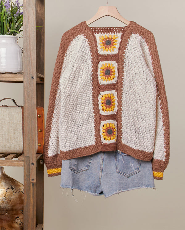 MELLO MT40585 BLOCK SUNFLOWER CROCHET V-NECK CARDIGAN BROWN