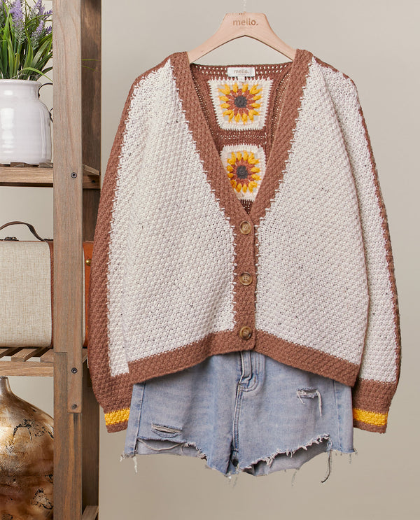 MELLO MT40585 BLOCK SUNFLOWER CROCHET V-NECK CARDIGAN BROWN