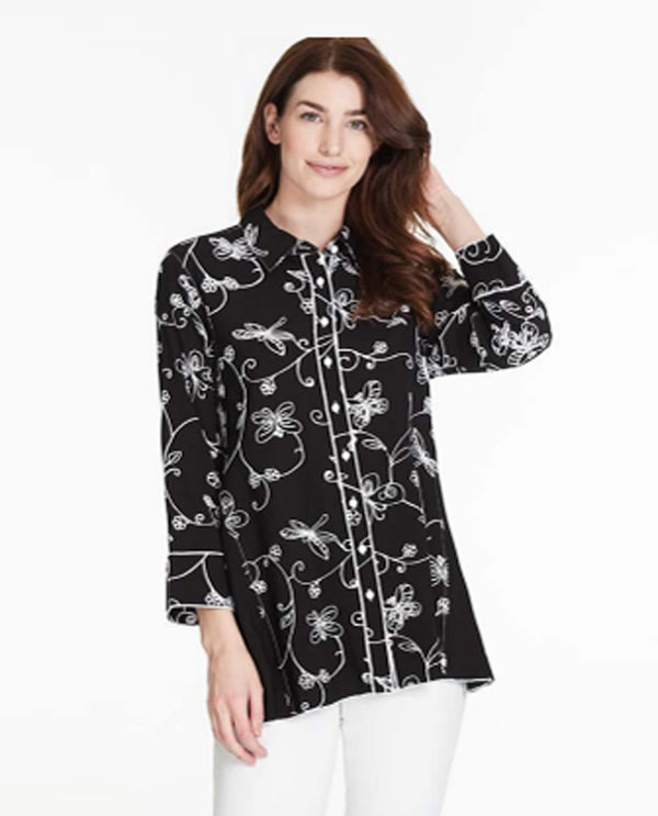 MULTIPLES M23612BM ALL-OVER EMBROIDERED BUTTON 3/4 SLEEVE BLACK/WHITE