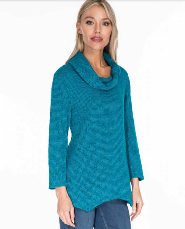 MULTIPLES M43112TW WOMEN'S COWL NECK WITH BUTTON SHARKBITE HEM bright teal