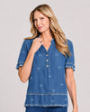 MULTIPLES M26106TM FRINGE HEM SHORT SLEEVE TOP denim