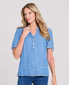MULTIPLES_M26106TP_DOUBLE_FRINGE_HEM_SHORT_SLEEVE_COLLAR_TOP light indigo