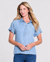 MULTIPLES M26301TP PETITE SHORT SLEEVE DOLMAN BUTTON FRONT TOP light indigo