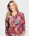 MULTIPLES M36107BM 3/4 SLEEVE CINCHED TAB CUFFED CRINKLE WOVEN SHIRT red multi