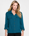 MULTIPLES M36108JP PETITES L/S DENIM TWILL WOVEN JACKET WITH FRINGE HEM DEEP TEAL