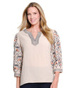 MULTIPLES M36206TP PETITES 3/4 PUFF SLEEVE WOVEN TOP WITH EMBROIDERY ivory cream