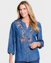 MULTIPLES M36506BP PETITES 3/4 SLEEVE DENIM LYOCELL SHIRT WITH FRINGE HEM denim