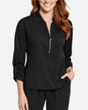 MULTIPLES M36712TP PETITE 3/4 SLEEVE DRAWSTRING ZIP FRONT TOP BLACK