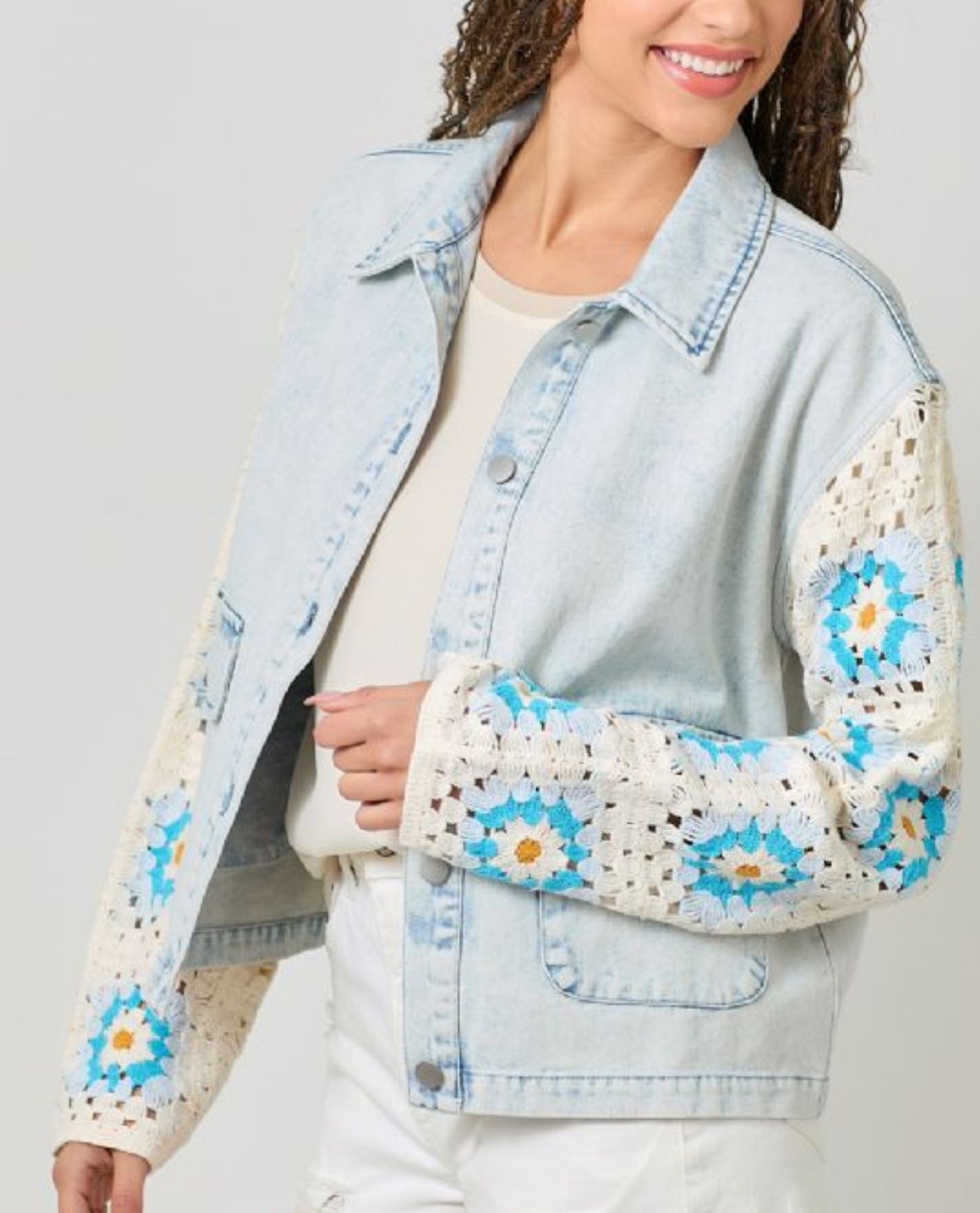 MYSTREE CROCHET SLEEVE DENIM JACKET | Granny Square Sleeve Jacket