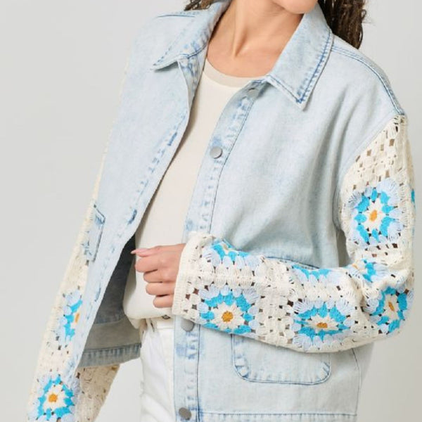 MYSTREE CROCHET SLEEVE DENIM JACKET | Granny Square Sleeve Jacket
