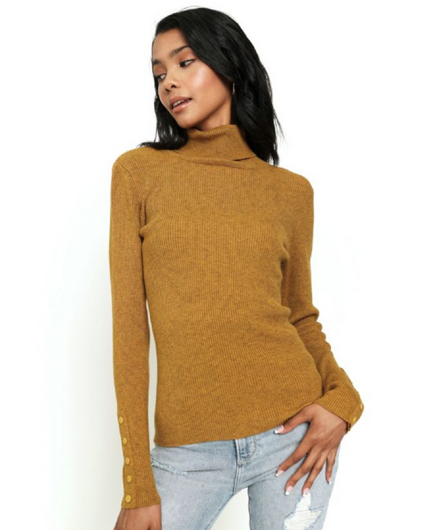MYSTREE ANN-20653 BTTN SLEEVE MOCK NECK SWEATER MUSTARD
