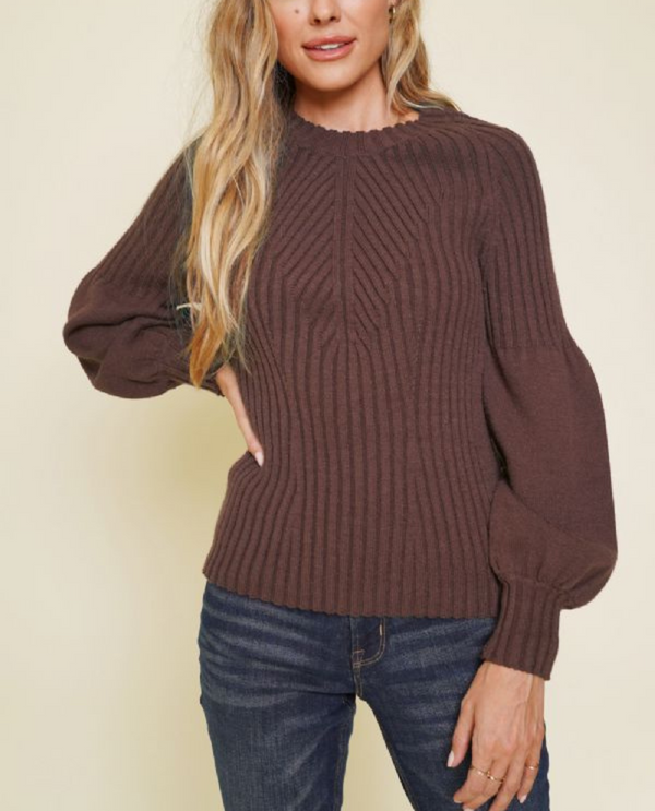 MYSTREE ANN-20757 RIBBED PUFF SLV PULLOVER MARSALA
