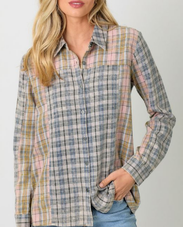MYSTREE ANN-57944 COLOR BLOCK FLANNEL SHIRT BLUE COMBO