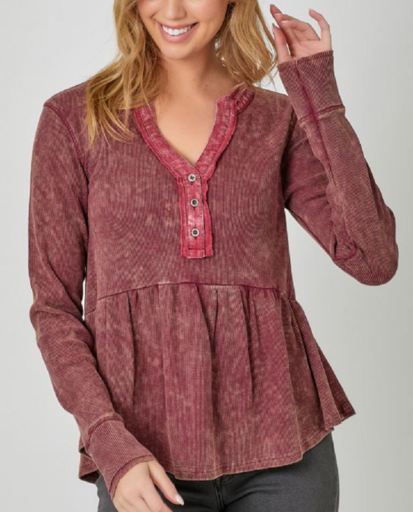 MYSTREE ANN-60870 THERMAL PEPLUM TOP WASHED BURGUNDY