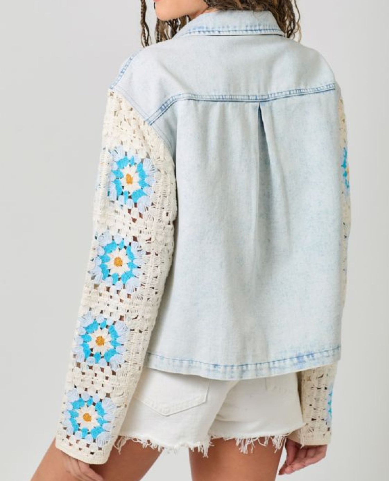 MYSTREE CROCHET SLEEVE DENIM JACKET | Granny Square Sleeve Jacket