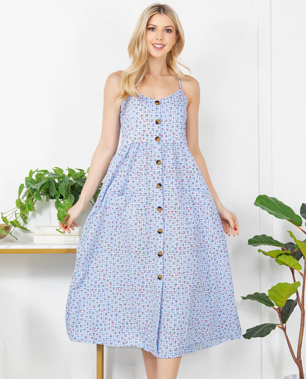 DR-2553 CHECKERED CHERRY PRINT CAMI DRESS