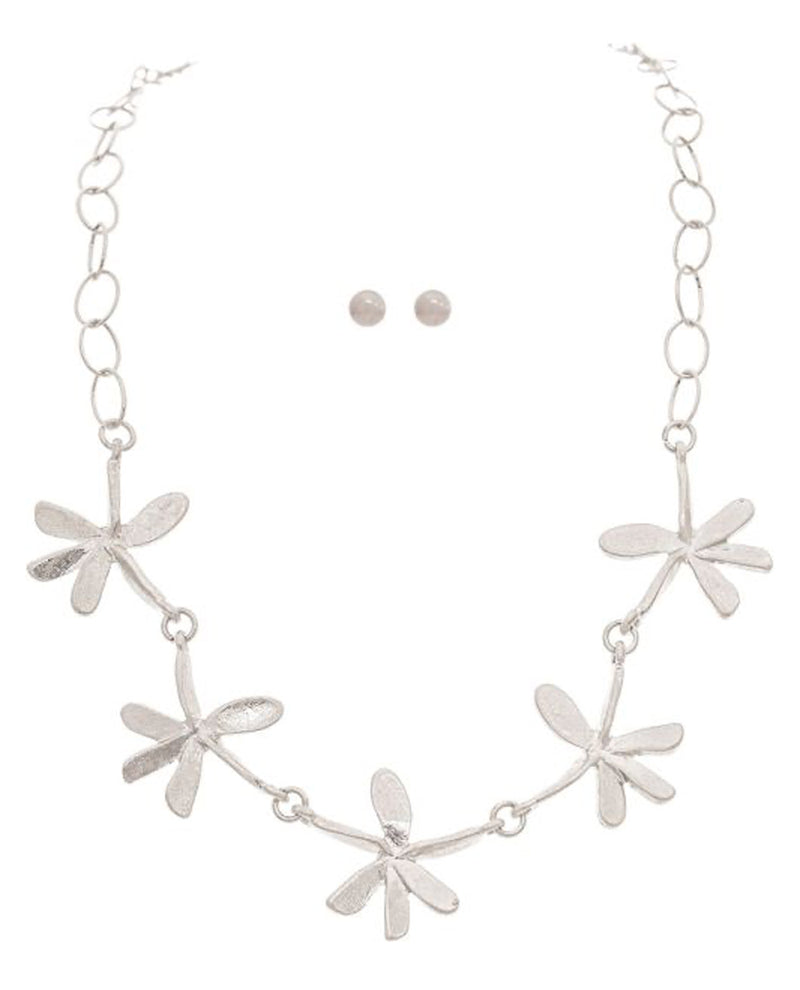 RAIN N2996 ABSTRACT FLOWER NECKLACE & EARRING SILVER