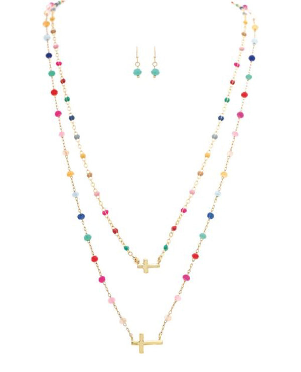 RAIN N3022G MULTI TINY BEAD CHAIN CROSS LAYER NECKLACE SET
