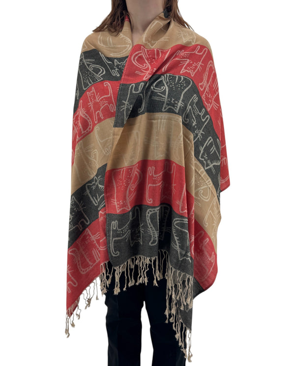 NY23180 CAT PRINT PASHMINA RED