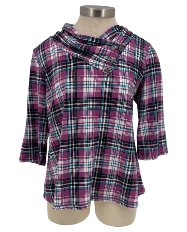 N TOUCH PLAID BUTTON NECK TOP