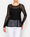 ORIGAMI OLS-4847 LONG SLEEVE SOLID MESH TOP WITH SPARKLES BLACK