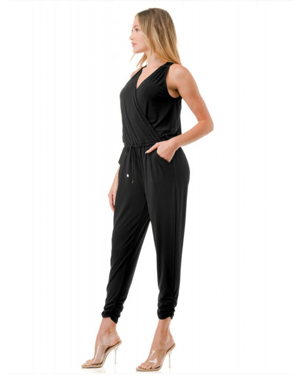 ARIELLA P605-ITY HALTER JUMPSUIT WITH RUCHED JOGGER BLACK