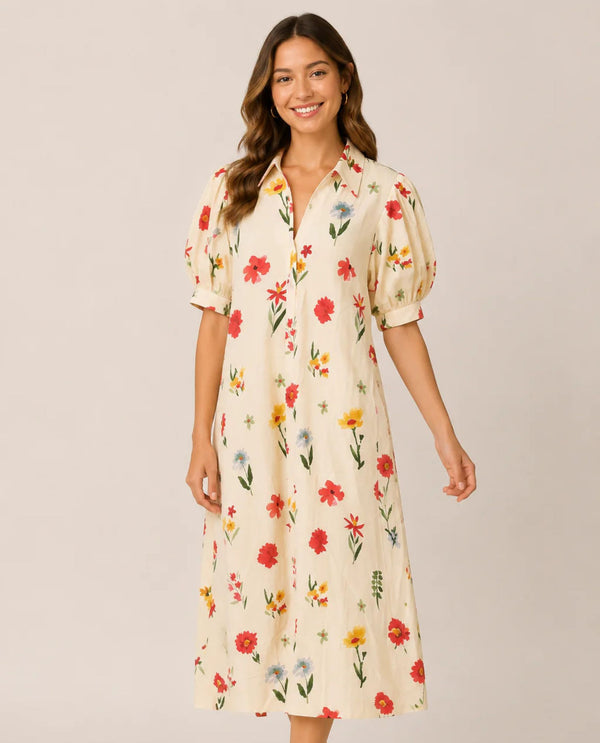 pinch midi dress PINCH Lorraine White Tucked Sleeve Buttoned Midi Dress Momni Boutique