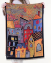 PREMIUM REVERSIBLE PASHMINA WITH FRINGE FS40841 WHIMSICAL CITY HOMES BLUE/YELLOW