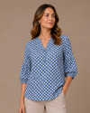 PURE ESSENCE 649-4578 3/4 SLEEVE TOP W/ DOTS CHAMBRAY