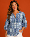 PURE ESSENCE 649-8050 3/4 SLEEVE POLKA DOT CHAMBRAY